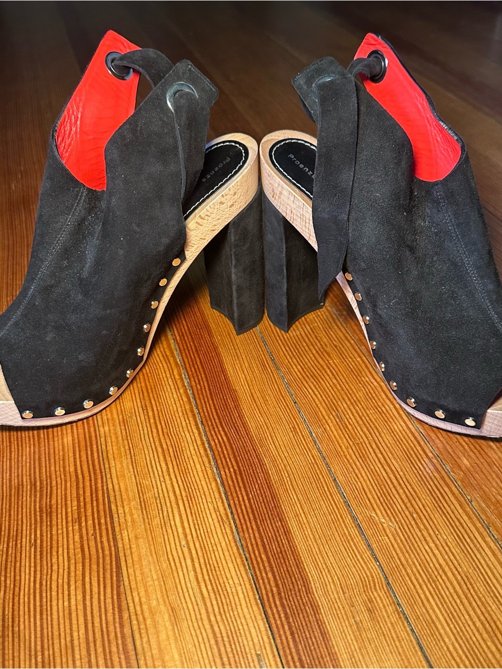 Proenza Schouler Black Suede Studded Block Heel Mules with Red Lining